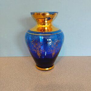 Vecchia Murano Cobalt Blue Vase with Gold Overlay